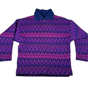 Vintage P&M Swedish Wool Sweater‎ Blue Pink Geometric Nordic Pullover Fair Isle
